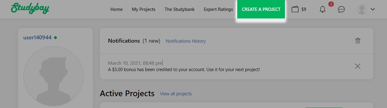 'Create a project' link in the top navigation panel