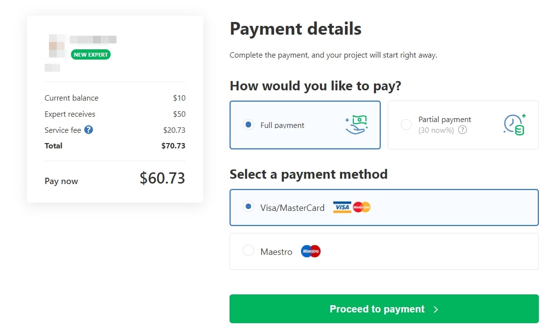 Payment page with payment types and methods to select